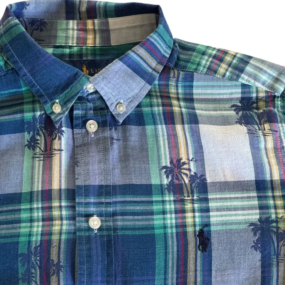 Ralph Lauren Boy Large 14-16 Plaid Palm Tree Short Sleeve Button Down Shirt Blue